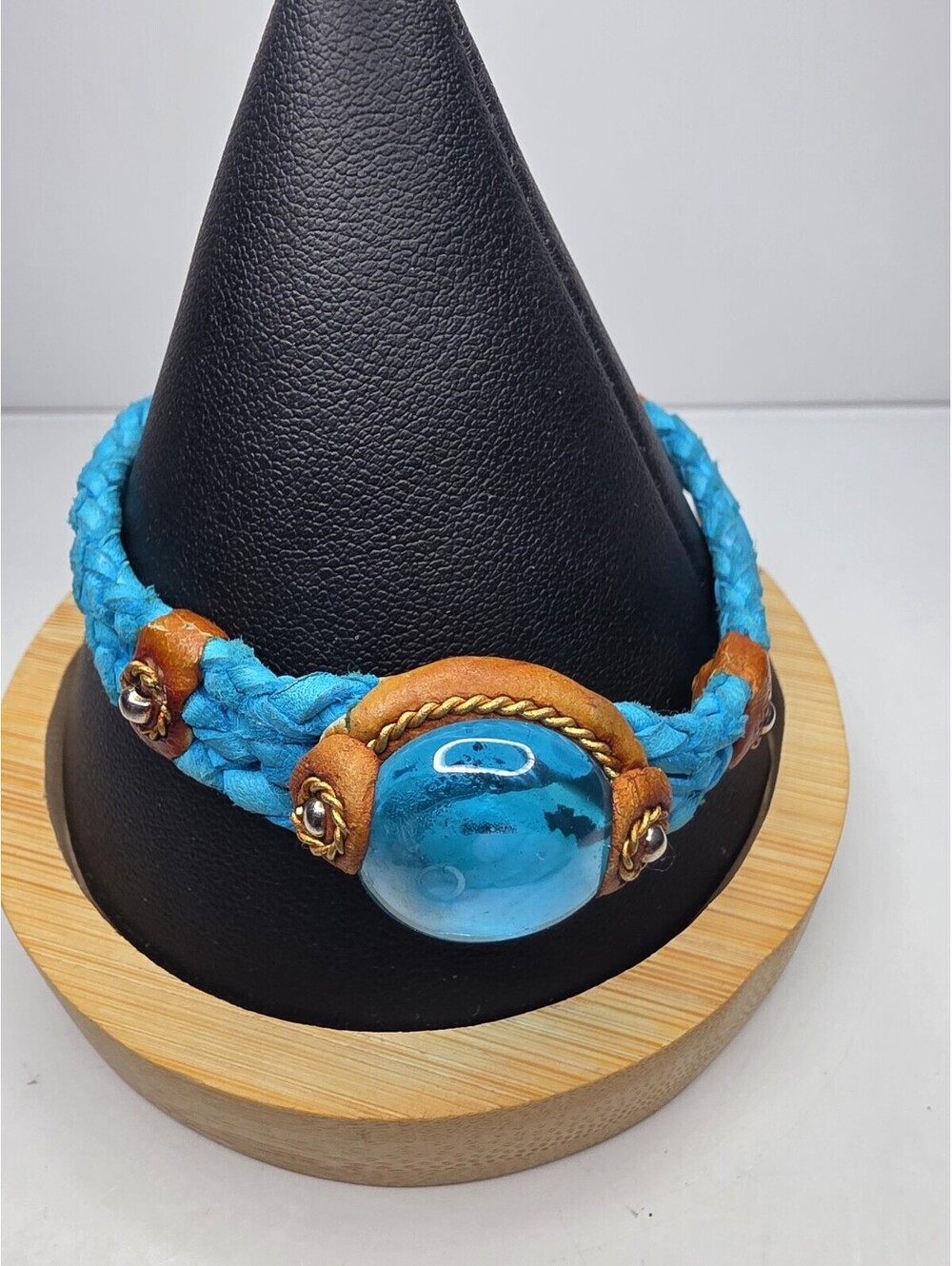 AP Vintage Artisan Boho Braided Leather Bracelet Blue Glass Cabochon Focal
